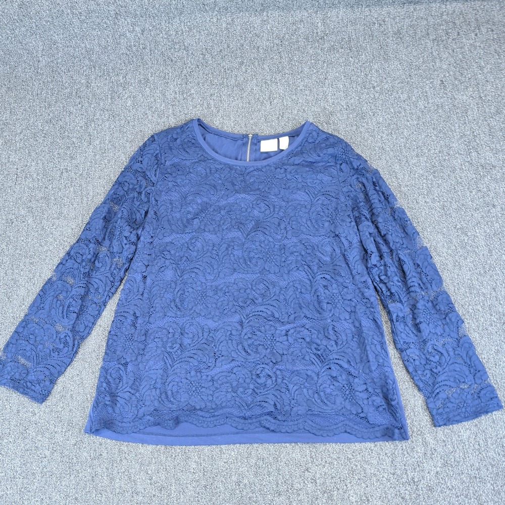 Chicos Romantic Lace Overlay Blouse Womens 2 Large Blue Cotton Blend Zip Back — photo 2